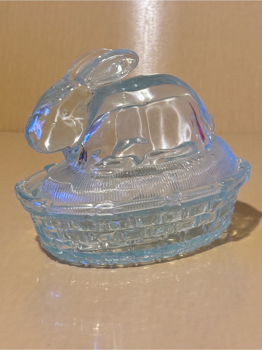 Glass Bunny on Basket Candy Dish - Light Blue